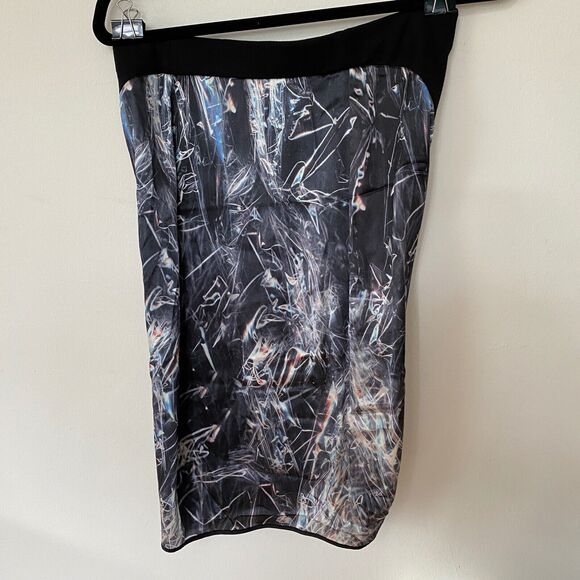 Helmut Lang SILK Cellophane Print Faux Tulip Hem Wrap Skirt Black Silver & Blue - Picture 4 of 12